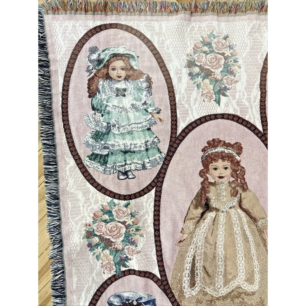 Vintage Victorian Porcelain Doll Woven Tapestry Throw Blanket Fringe 64x49